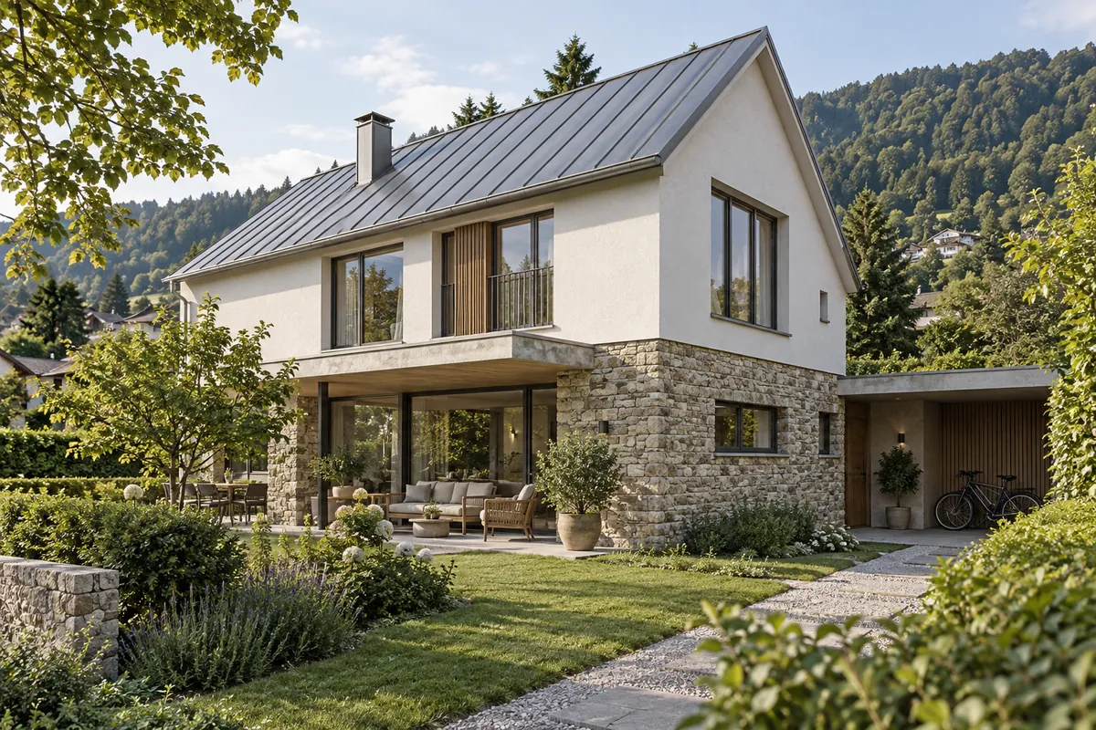 Familienhaus mit Natursteinfassade und geschütztem Sitzplatz – Illustration: Haus kaufen in Baar