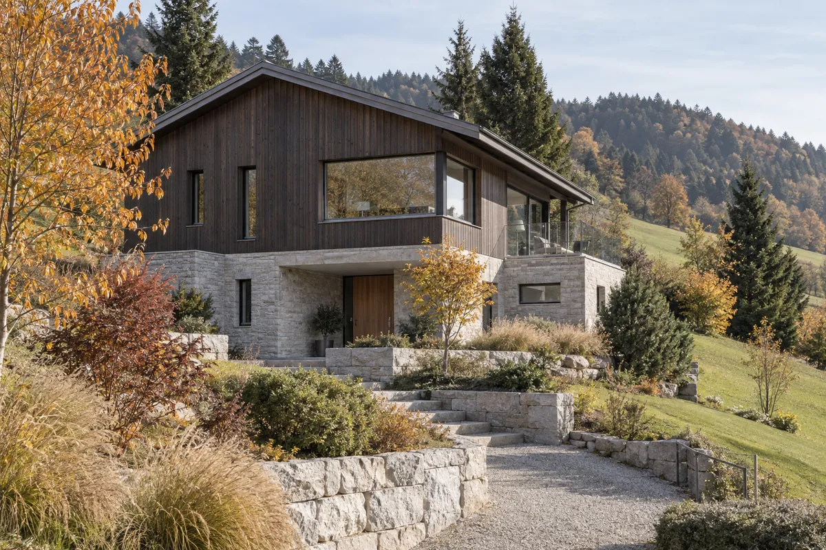Modernes Haus mit Holzverkleidung und Hangterrasse – Illustration: Haus kaufen in Oberägeri