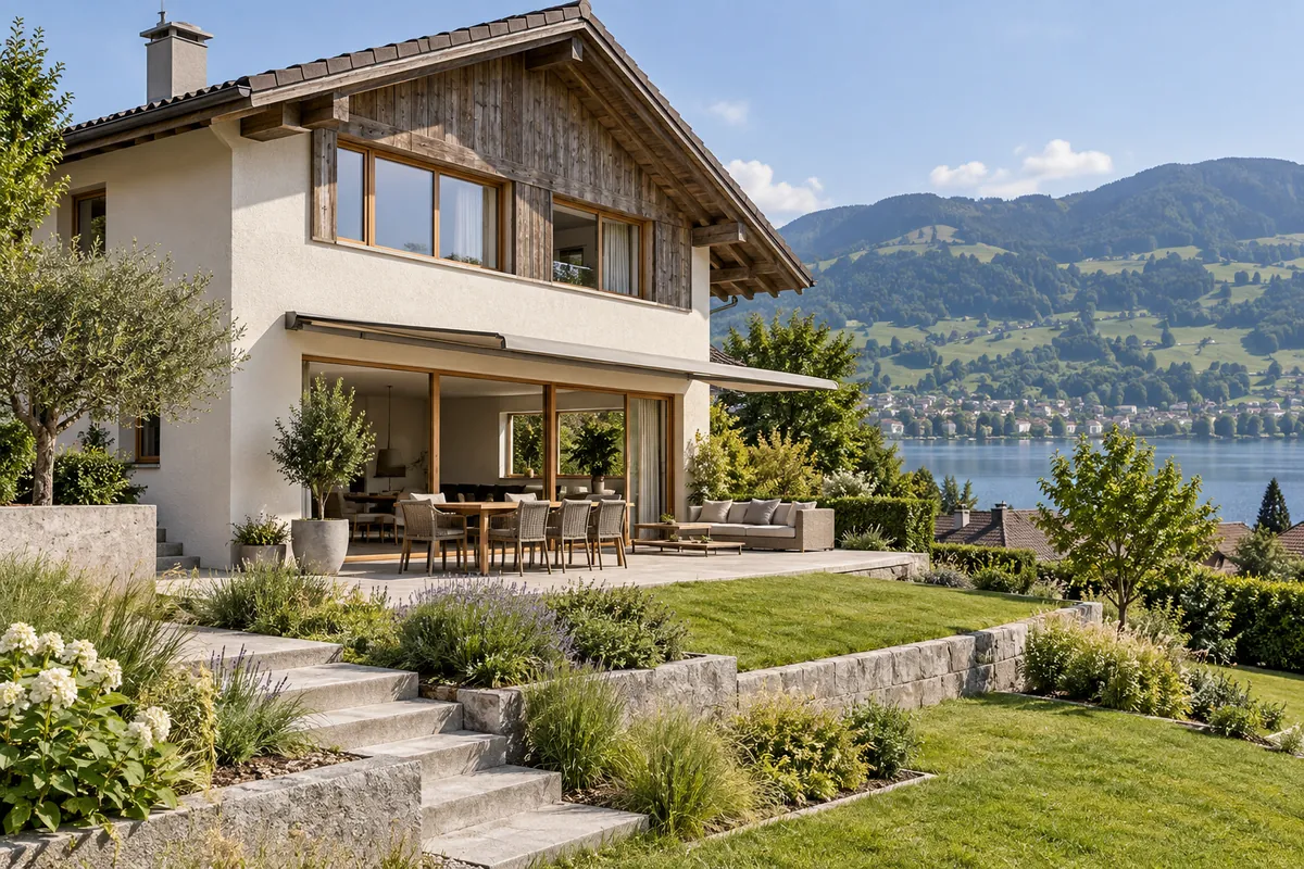 Familienhaus mit gestuftem Garten und Terrasse – Illustration: Haus kaufen in Unterägeri