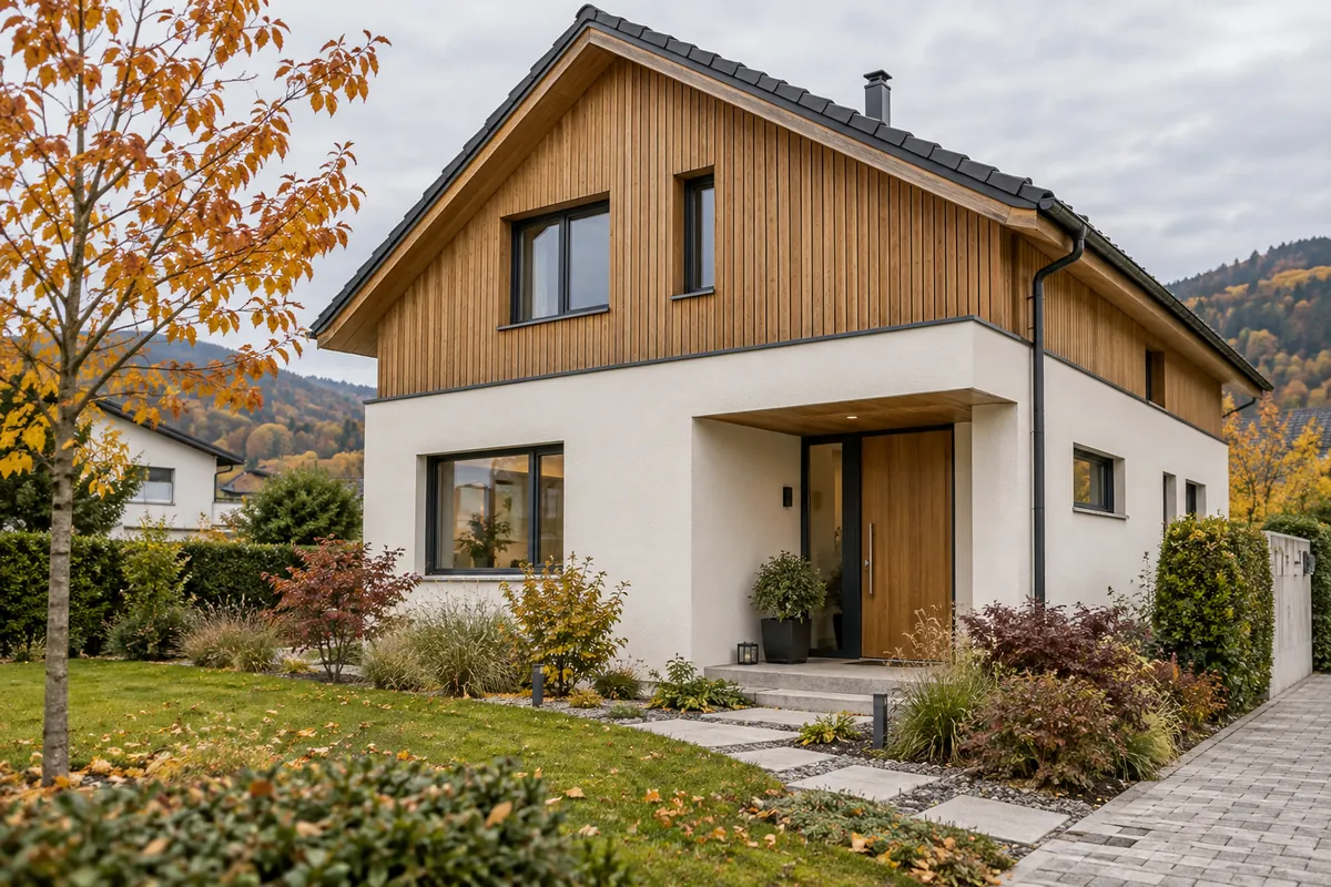 Einfamilienhaus mit Holzfassade und Garten – Illustration: Haus kaufen in Zug