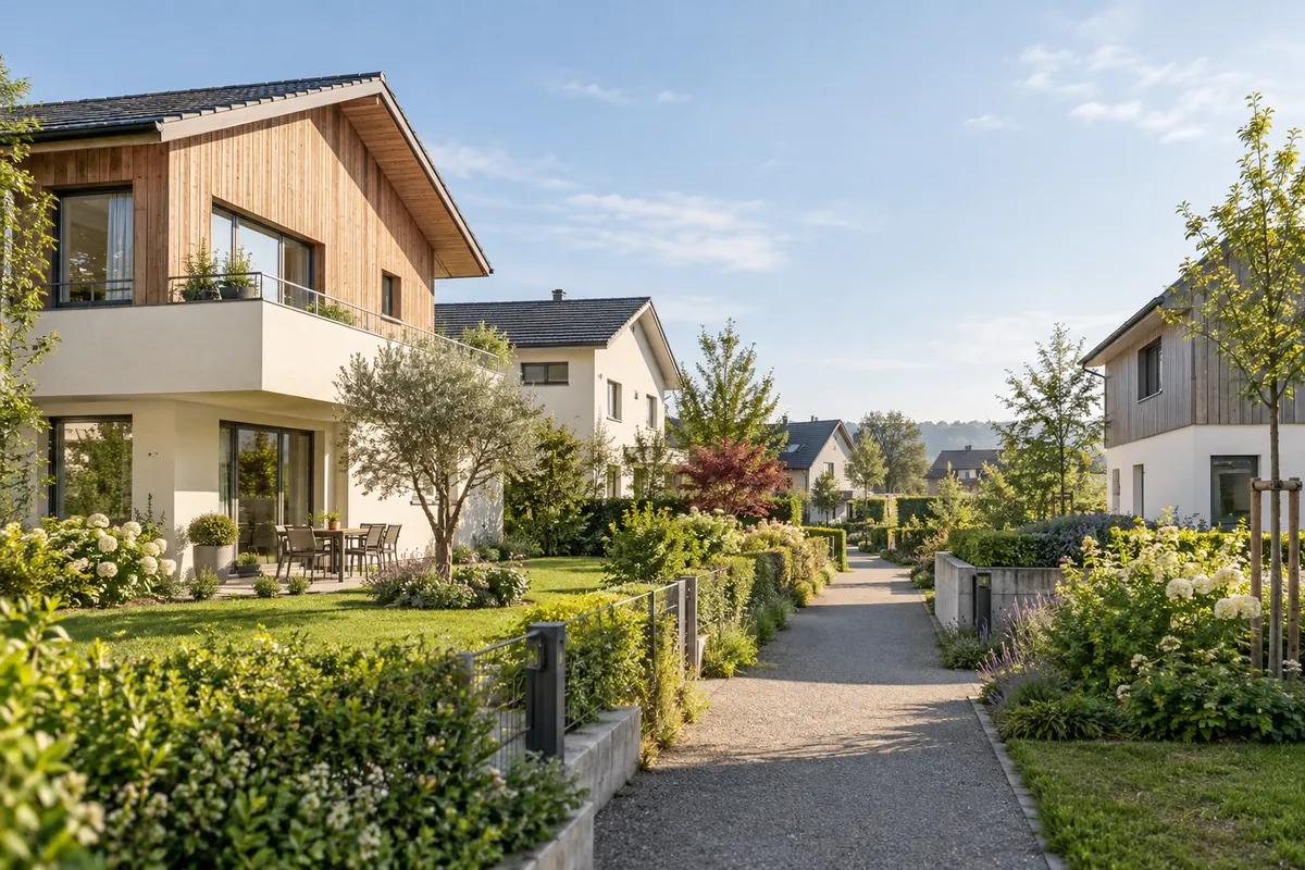 Kleines Wohnquartier mit grünen Vorgärten – Illustration: Immobilien in Hünenberg