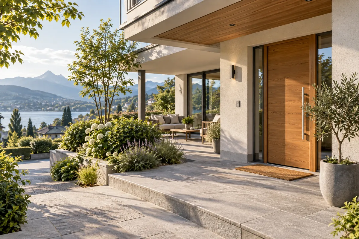 Zeitgemässer Hauseingang mit Holz und Terrasse – Illustration: Immobilien kaufen in Zug