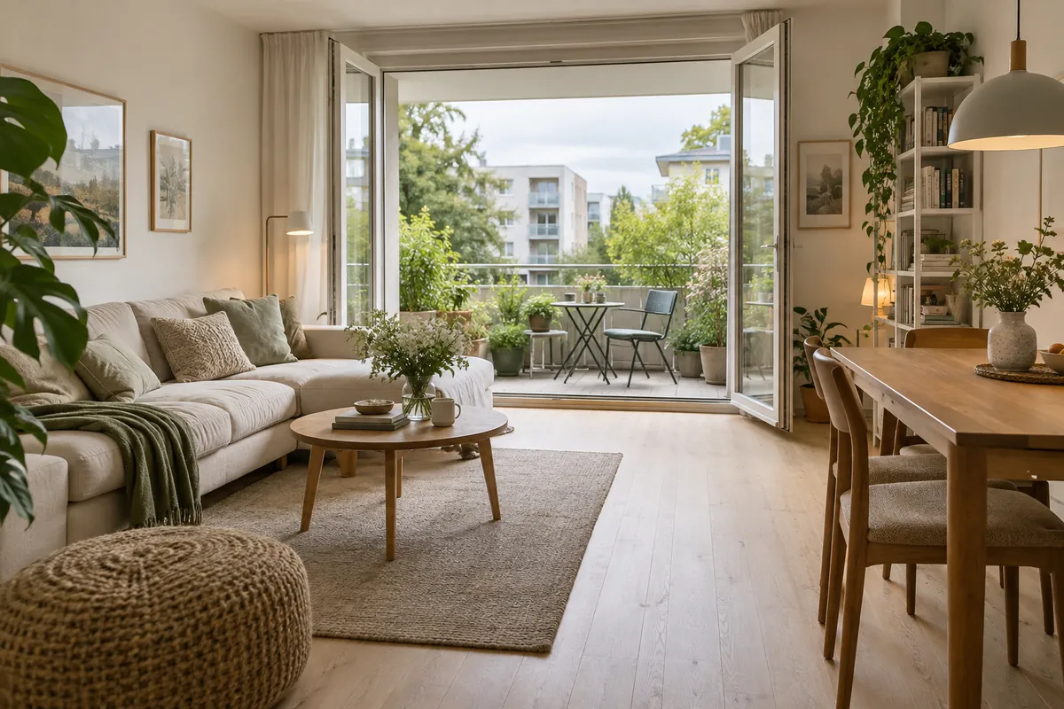 Heller Wohnbereich mit Sofa und Balkon – Illustration: Immobilien mieten in Zug