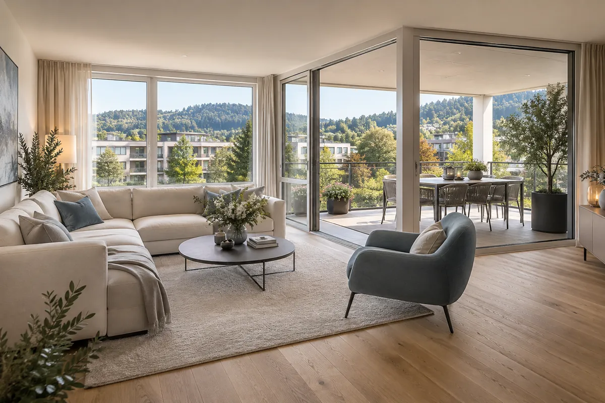 Wohnraum mit überdachtem Eckbalkon – Illustration: Wohnung kaufen in Baar