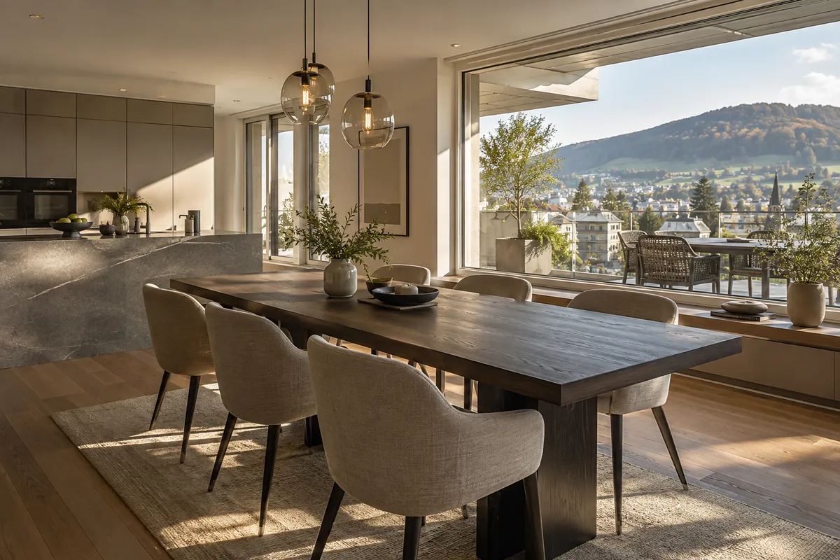 Essbereich mit Eichenmöbeln und grosszügigen Fenstern – Illustration: Wohnung kaufen in Zug