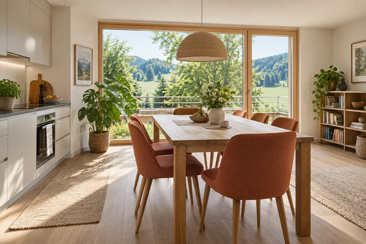 Wohnküche mit Blick auf eine grüne Umgebung – Illustration: Wohnung mieten in Allenwinden