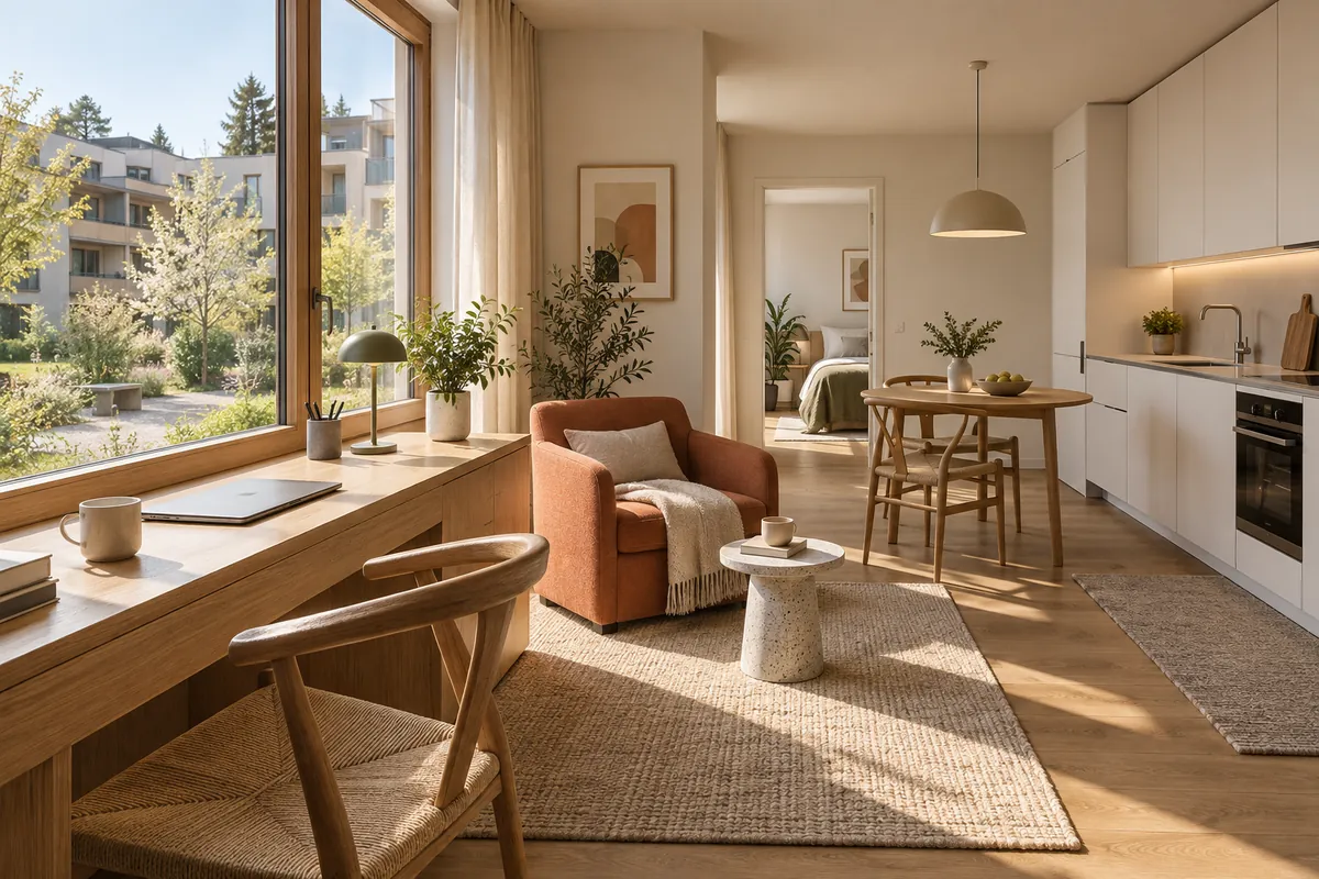 Kompakte Wohnung mit Arbeitsplatz und Wohnküche – Illustration: Wohnung mieten in Baar