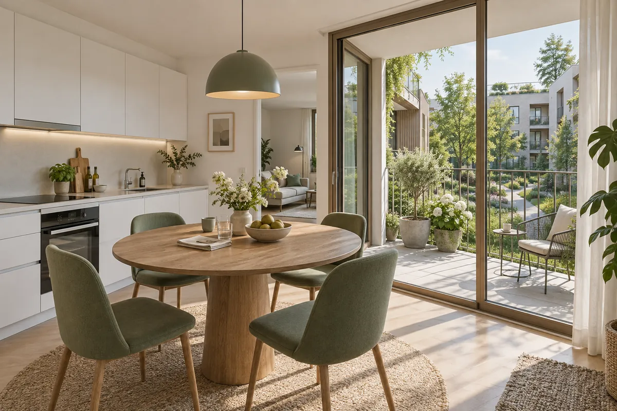 Wohnküche mit rundem Esstisch und Balkon – Illustration: Wohnung mieten in Cham