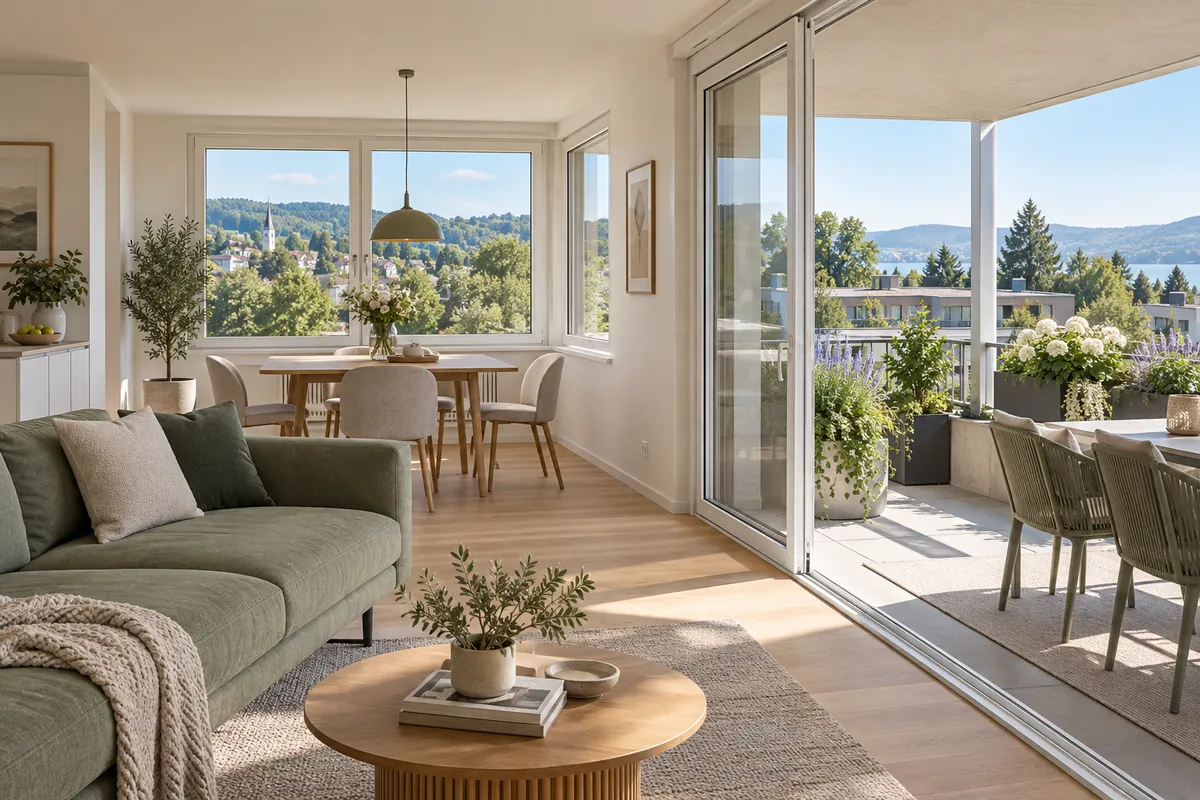 Helle Mietwohnung mit Essplatz und Balkon – Illustration: Wohnung mieten in Hünenberg