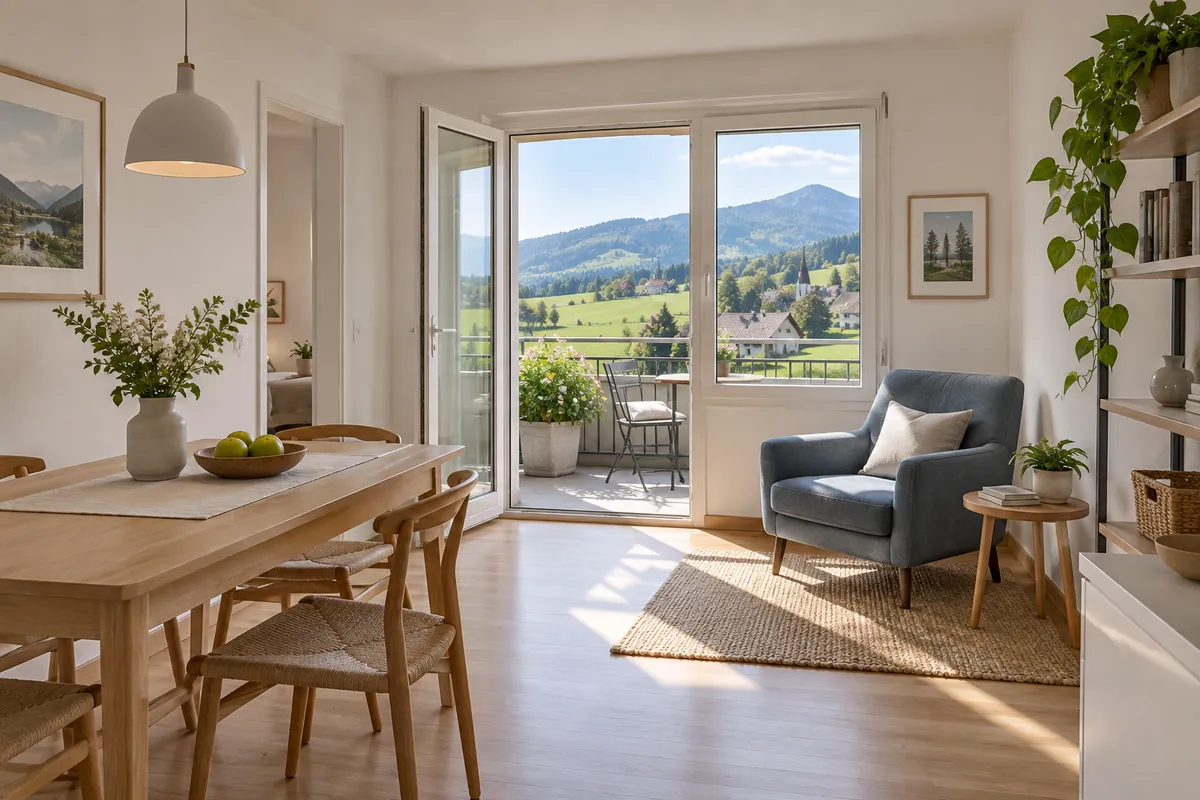 Kompakte Wohnung mit sonniger Balkontür – Illustration: Wohnung mieten in Menzingen