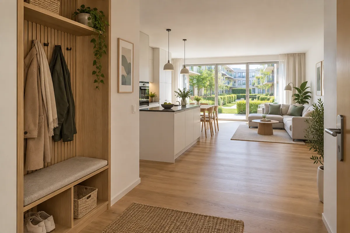 Helle Wohnung mit Garderobe und Wohnküche – Illustration: Wohnung mieten in Neuheim