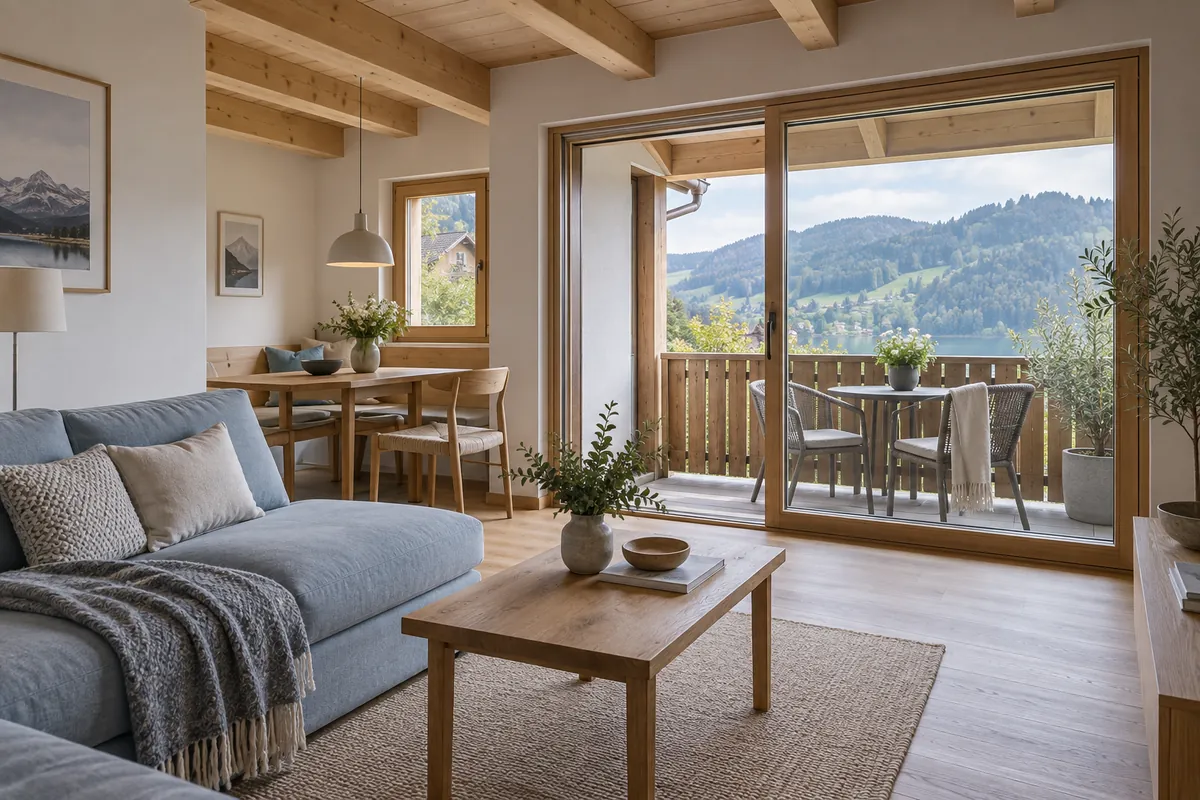 Gemütliche Wohnung mit Holzbalken und Balkon – Illustration: Wohnung mieten in Oberägeri
