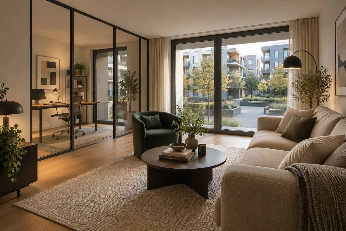 Wohnzimmer mit separatem Arbeitsbereich – Illustration: Wohnung mieten in Rotkreuz