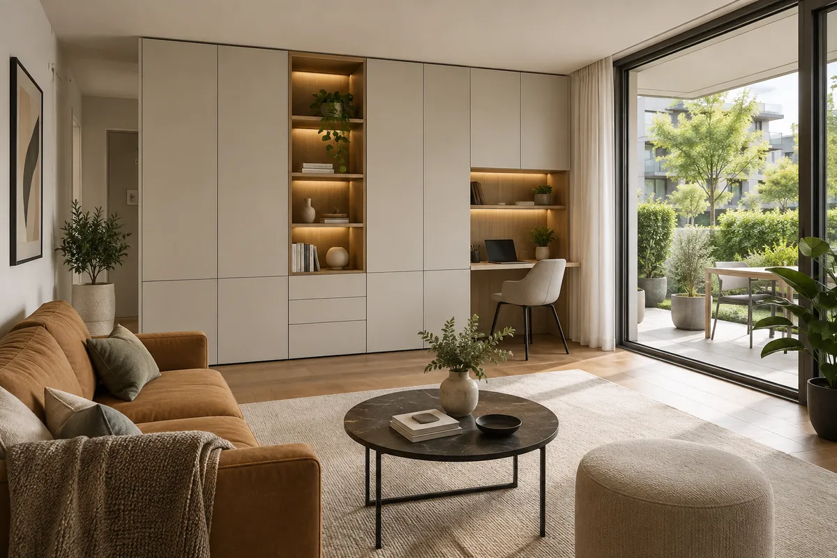 Praktischer Wohnraum mit integrierten Staumöbeln – Illustration: Wohnung mieten in Steinhausen