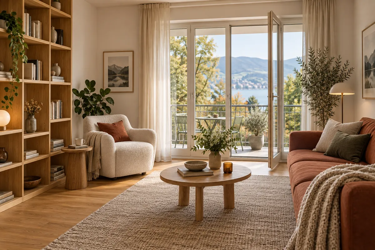 Wohnzimmer mit Leseecke und kleinem Aussenbereich – Illustration: Wohnung mieten in Unterägeri