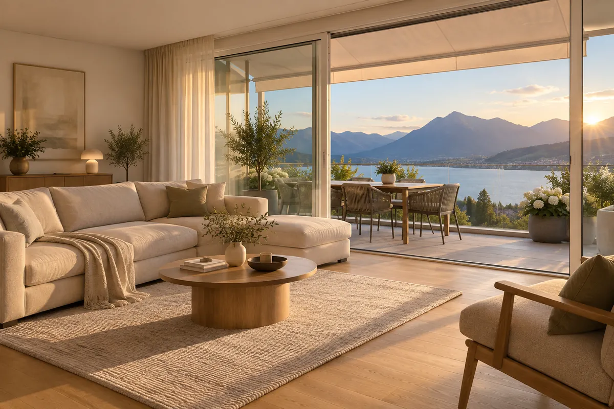 Wohnraum mit beschatteter Terrasse und Wasserblick – Illustration: Wohnung mieten in Walchwil