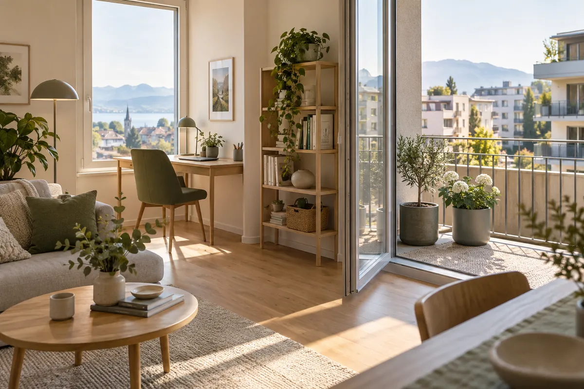 Arbeitsplatz am Fenster einer hellen Wohnung – Illustration: Wohnung mieten in Zug
