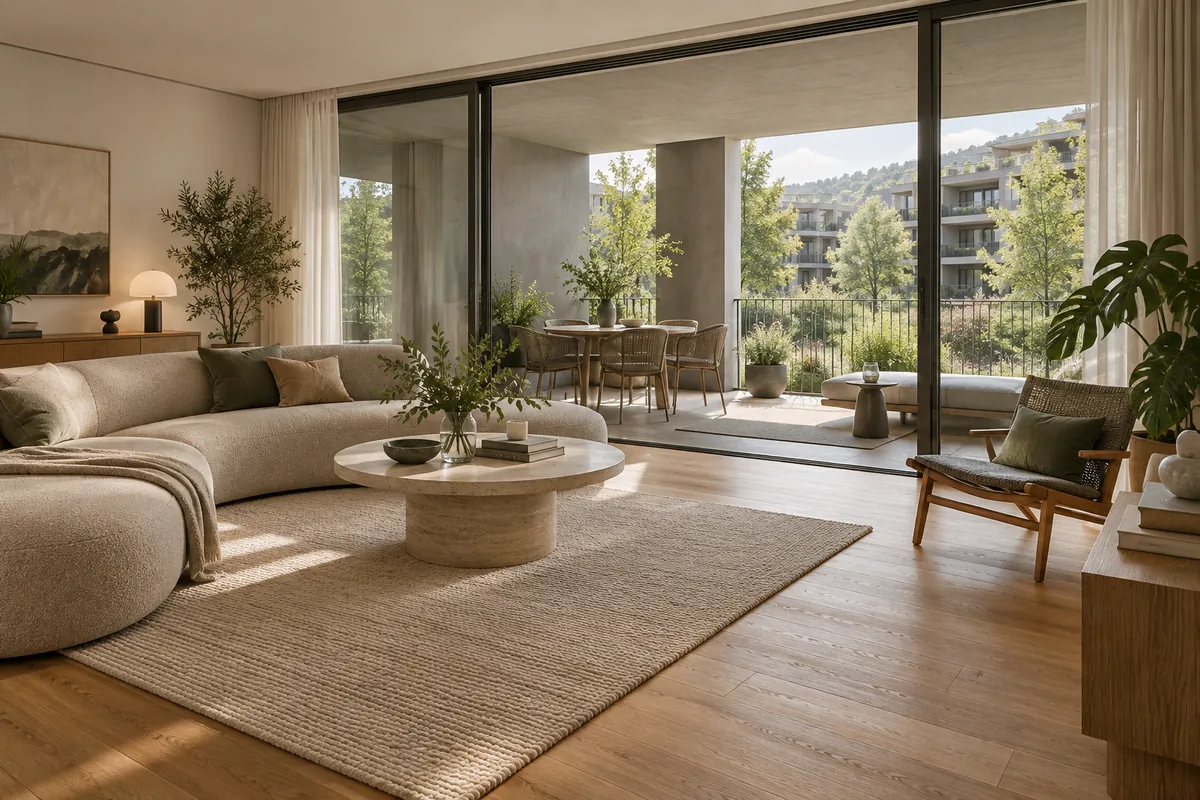 Offener Wohnraum mit überdachter Loggia – Illustration: Wohnung in Zug